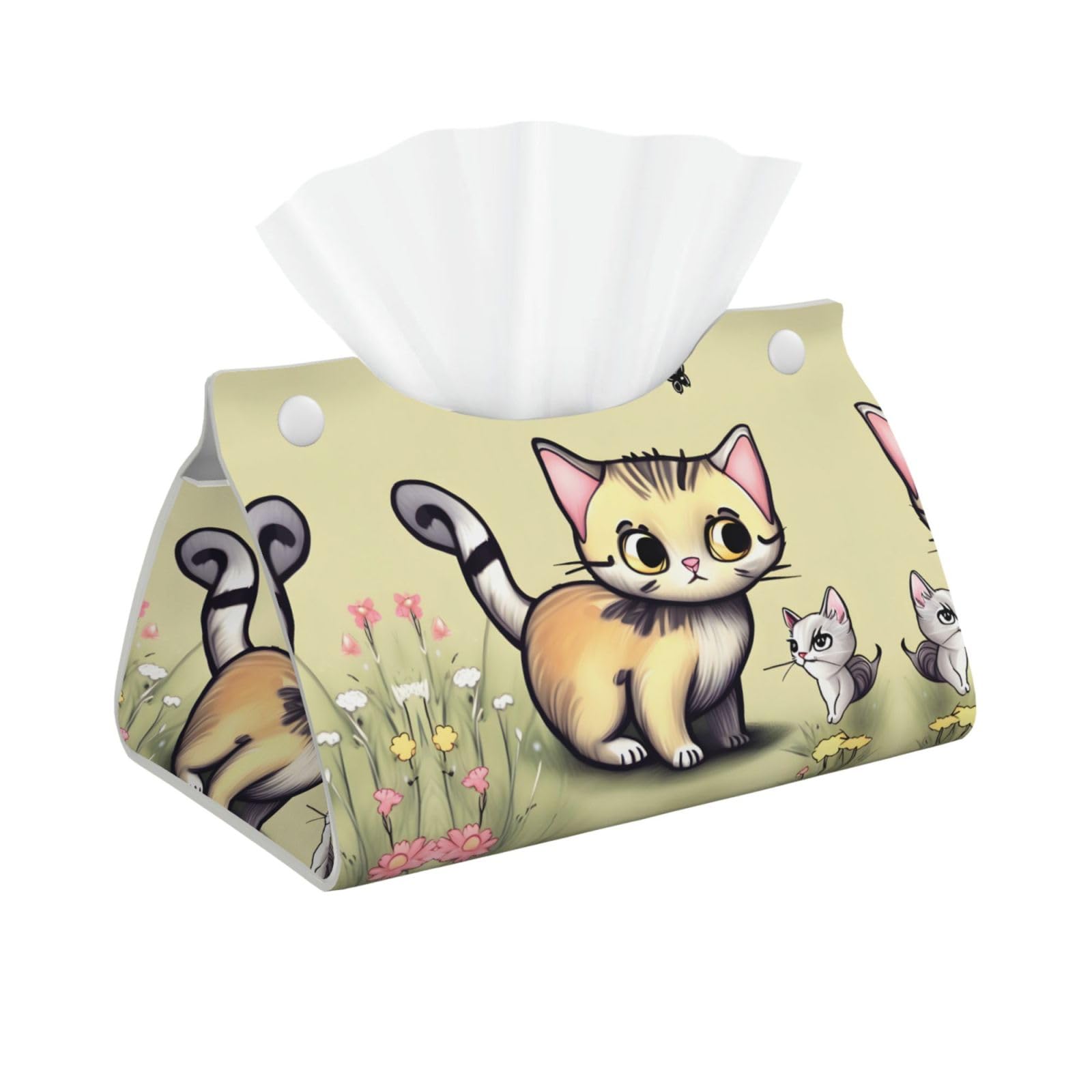 Cat and Butterfly Print Long Tissue Box Cover Holder Foldable Leather Organizer for Vanity, Nightstand, Desk & Bathroom