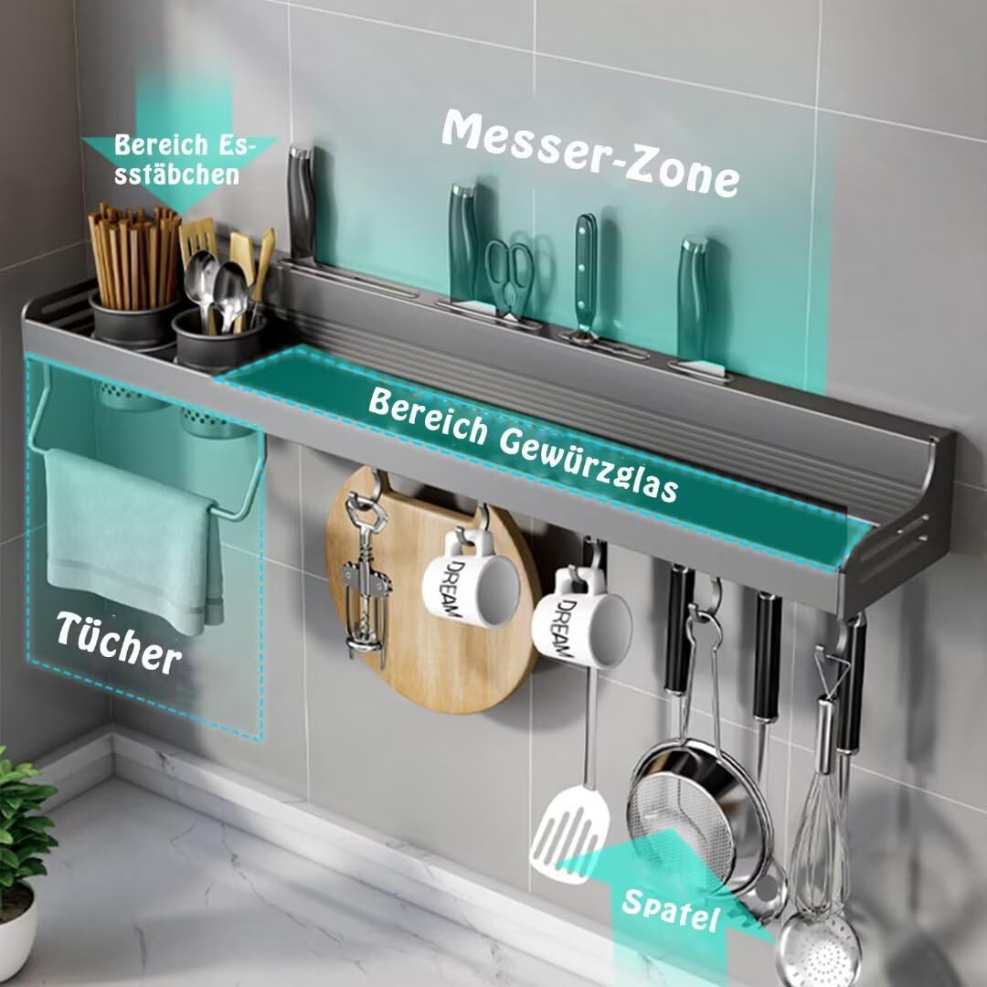 Portaspezie da parete con ripiano portautensili multiuso da cucina per posate e spezie, 70 cm, nero, ideale per cucine, ristoranti e bar