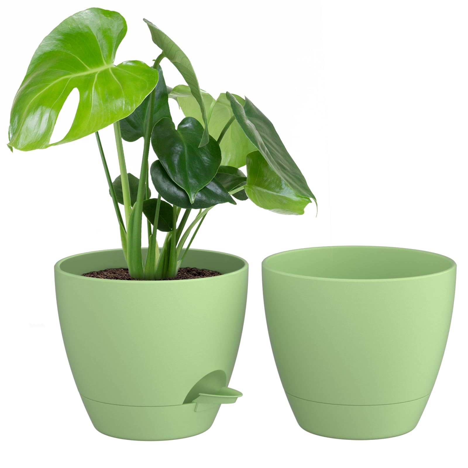 ZMTECH 2 Pack 10 Inch Plant Pots with Watering Lip Self Watering Planters with Drainage Holes and Removable Saucer Plastic Flower Pot for Indoor Outdoor Plants (Green)
