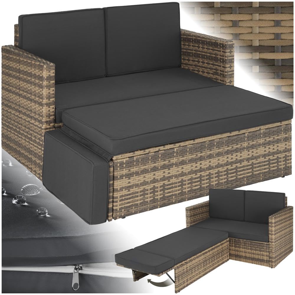 tectake 2-Sitzer Sofa-Set mit Hocker und Schlaffunktion – wetterfestes Poly-Rattan Gartenmöbelset