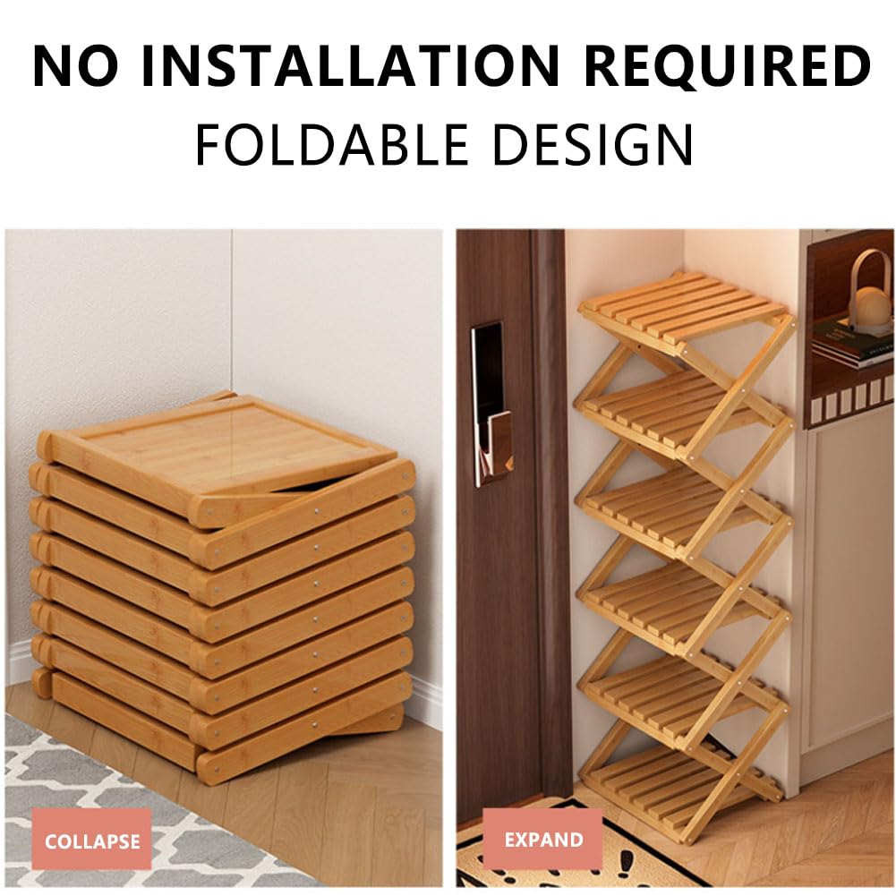 Scarpiera a 6 ripiani in bambù verticale per spazi ristretti, organizer per scarpe in legno alto, soluzione salvaspazio per riporre oggetti, mobili per ingresso casa