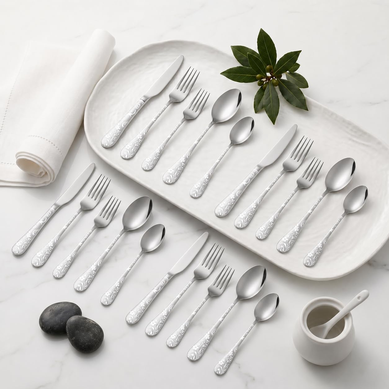 KitchAntique Sterling Silver Silverware Set | Satin Finish 20-Piece Flatware Set with Unique Floral Printed Handle | Dis