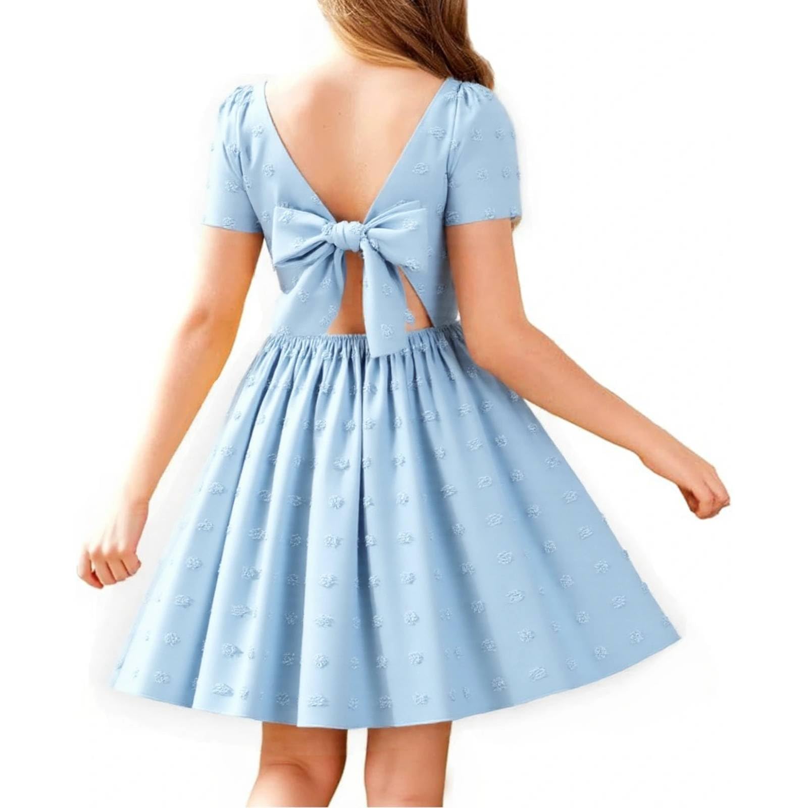 Young Girl Easter Dress Graduation Short Sleeve Summer Casual Tie Back Princess Style Dress