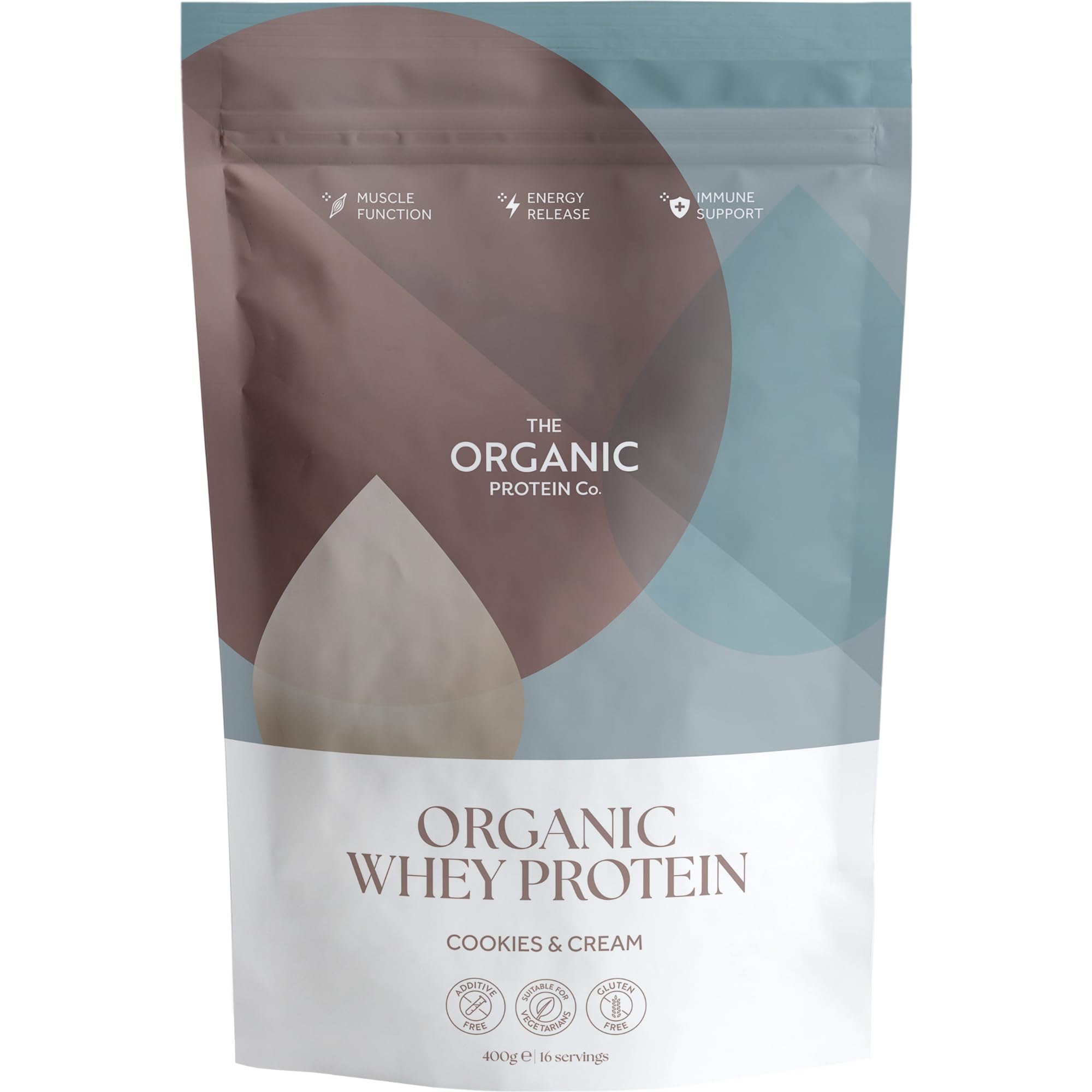 The Organic Protein Co - Cookies & Cream Organic Whey Protein Powder | Additive Free, Undenatured, Bioactive, UPF Free, No Emulsifiers, Primarily Grass Fed, Vegetarian, Gluten Free – 400gEU Organic