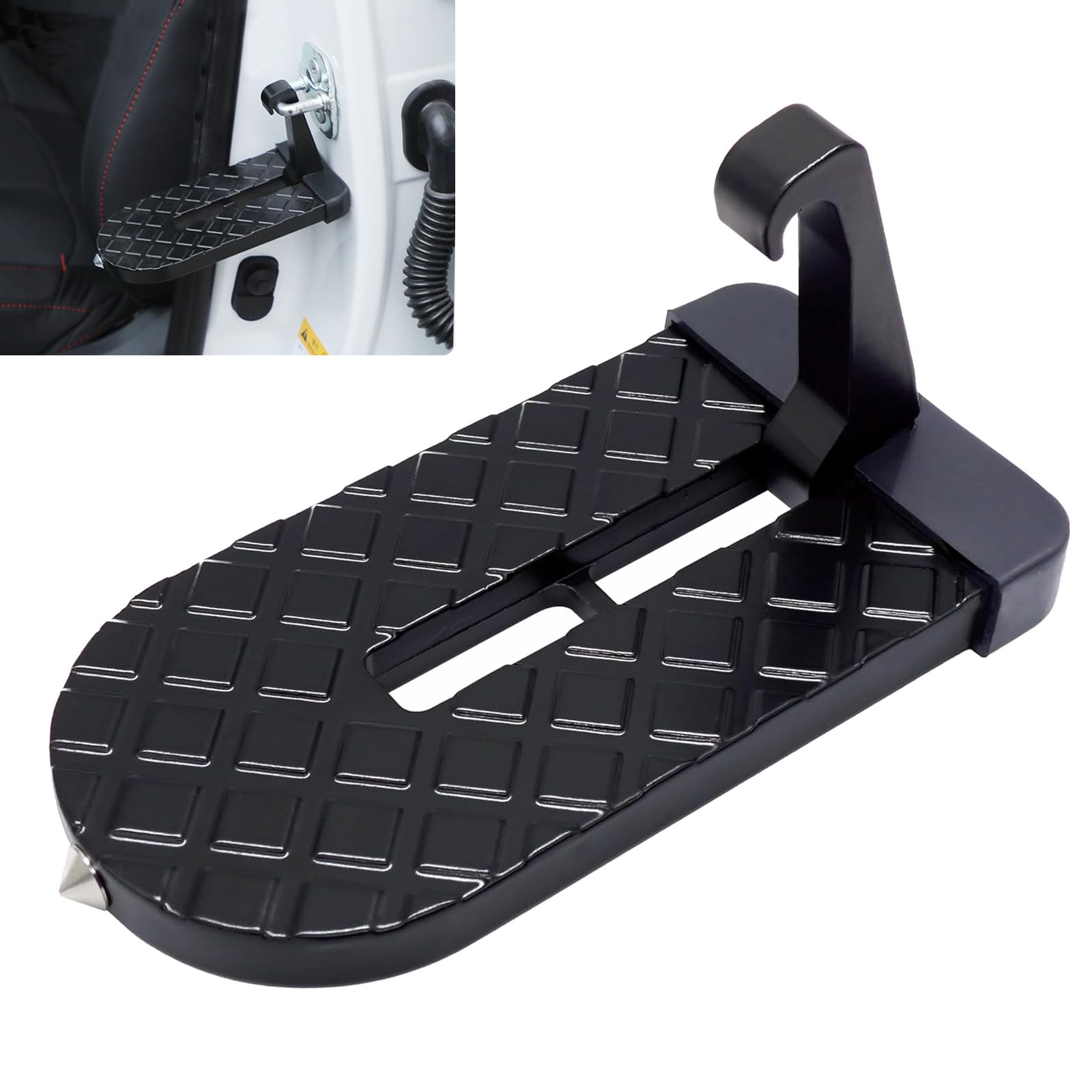 1 PC Single Car Door Step with Hook, 5.78In x 2.99In Foldable Waterproof Durable Metal Automotive Anti-Skid Pedal, Universal Thickened Vehicle Roof Rack Assistance Step (Black)