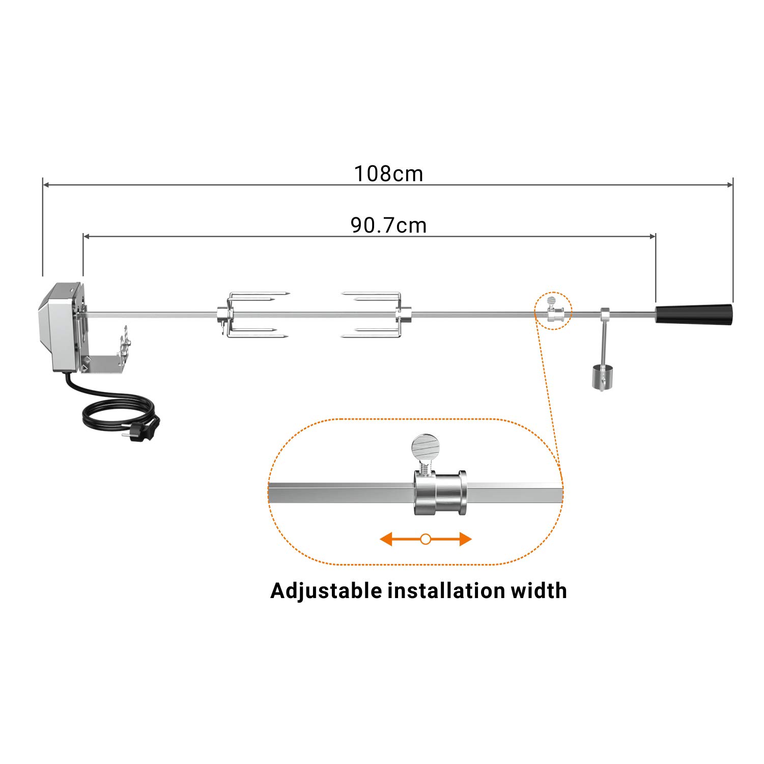Onlyfire BRK-6031 Universal Verchromter Grillspieß Set, 90 cm Rotisserie Drehspieß, 2X Fleischnadeln, Edelstahl Motor, 220V - 240V, Drehspiess