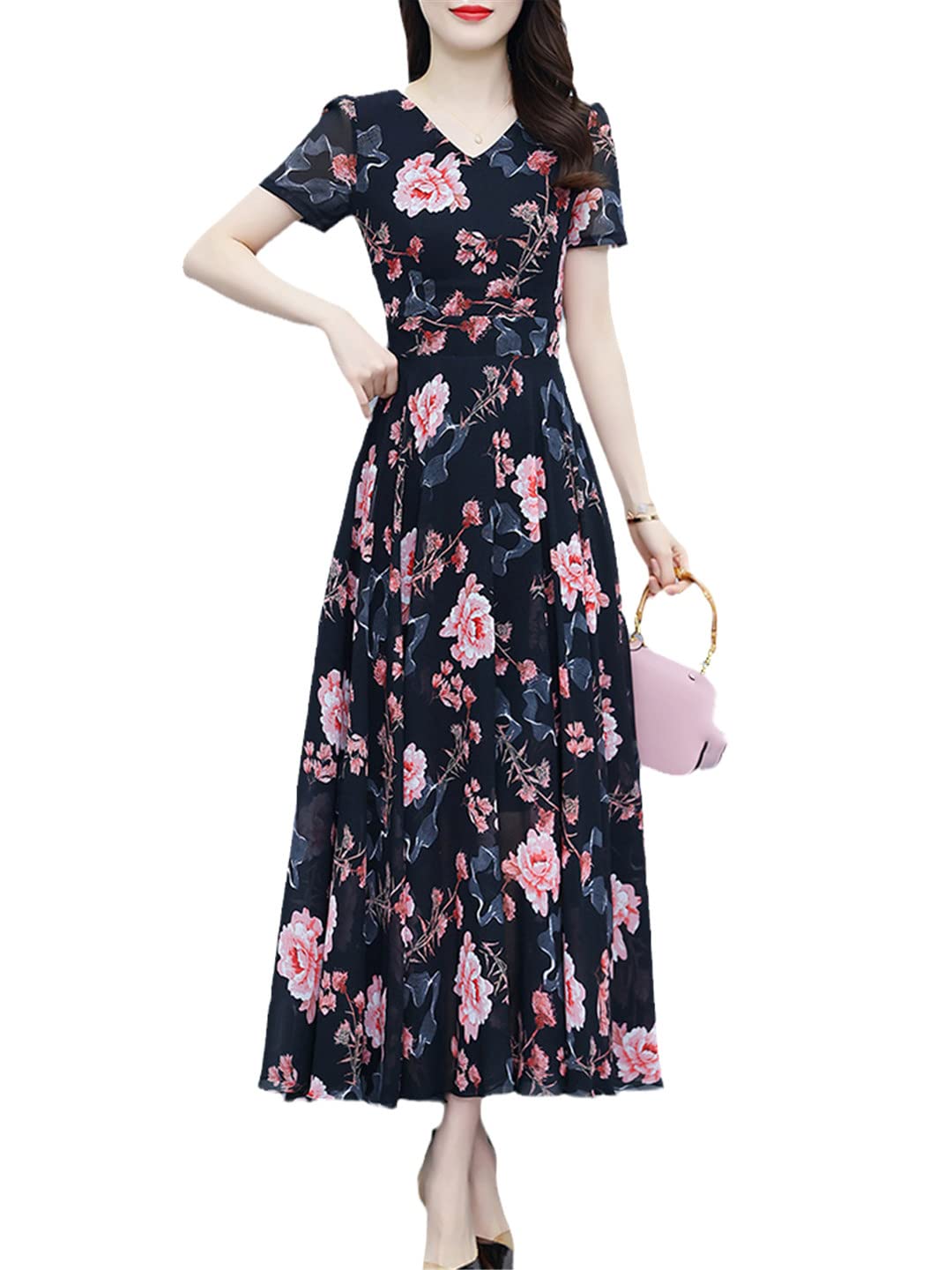 Suwequest Abito lungo in chiffon per feste, vacanze estive, da donna, alla moda, floreale, elegante, chic, formale