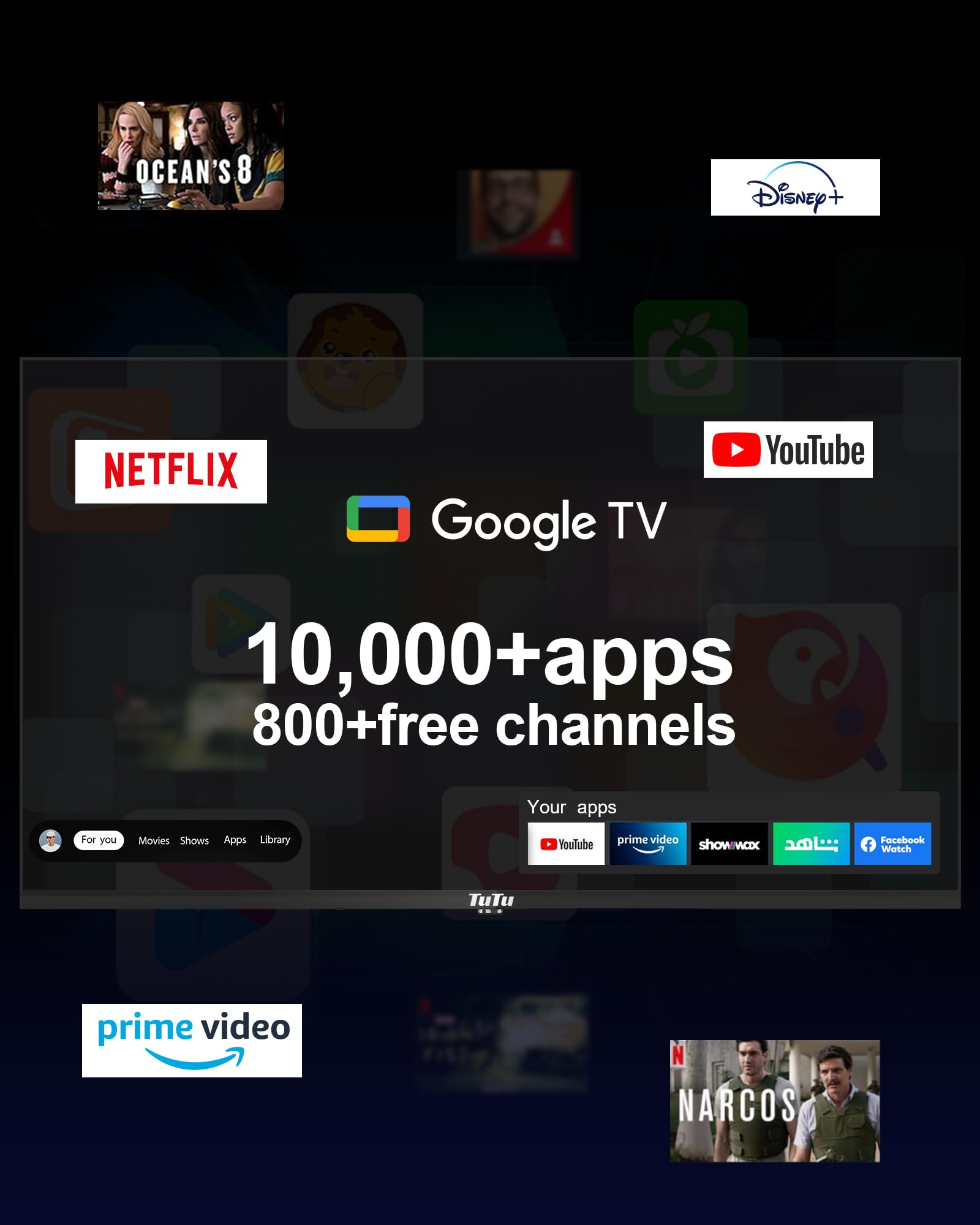 TuTu TUG32HQ1C Smart TV 32 Pollici, Google TV LED Televisori con Wi-Fi, Bluetooth 5.0, App Store, Triple Tuner (DVB-T/T2, DVB-C, DVB-S/S2), HDMI, USB, Base Centrale [2025]