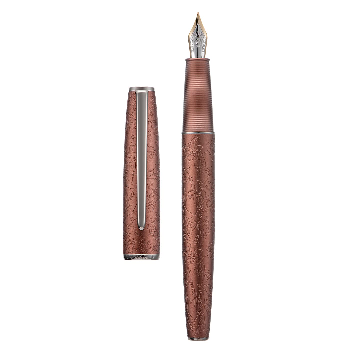 HONG DIAN A3 Brown Aluminum Fountain Pen, Iridium Fine Nib Blossom Engraving Design, Consistent Writing Pen with Ink Converter and Metal Pen Box Set