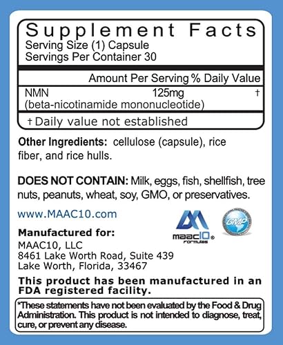 Miniatura 2 de MAAC10 NMN Supplement Real Nicotinamide Mononucleotide (NMN 125mg Capsules). The Most Powerful NAD+ Precursor More Stable Than Riboside. We use 99%