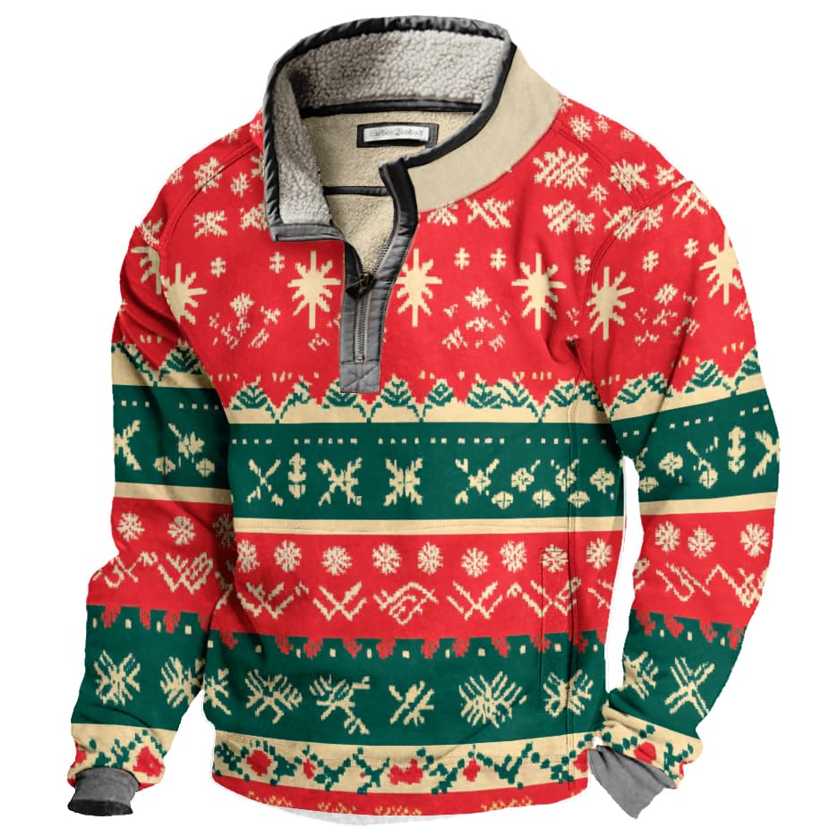 Mens Christmas Sweatshirt Vintage 1/4 Zip Jackets Fleece Stand Collar Merry Christmas Sweatshirts with Pockets