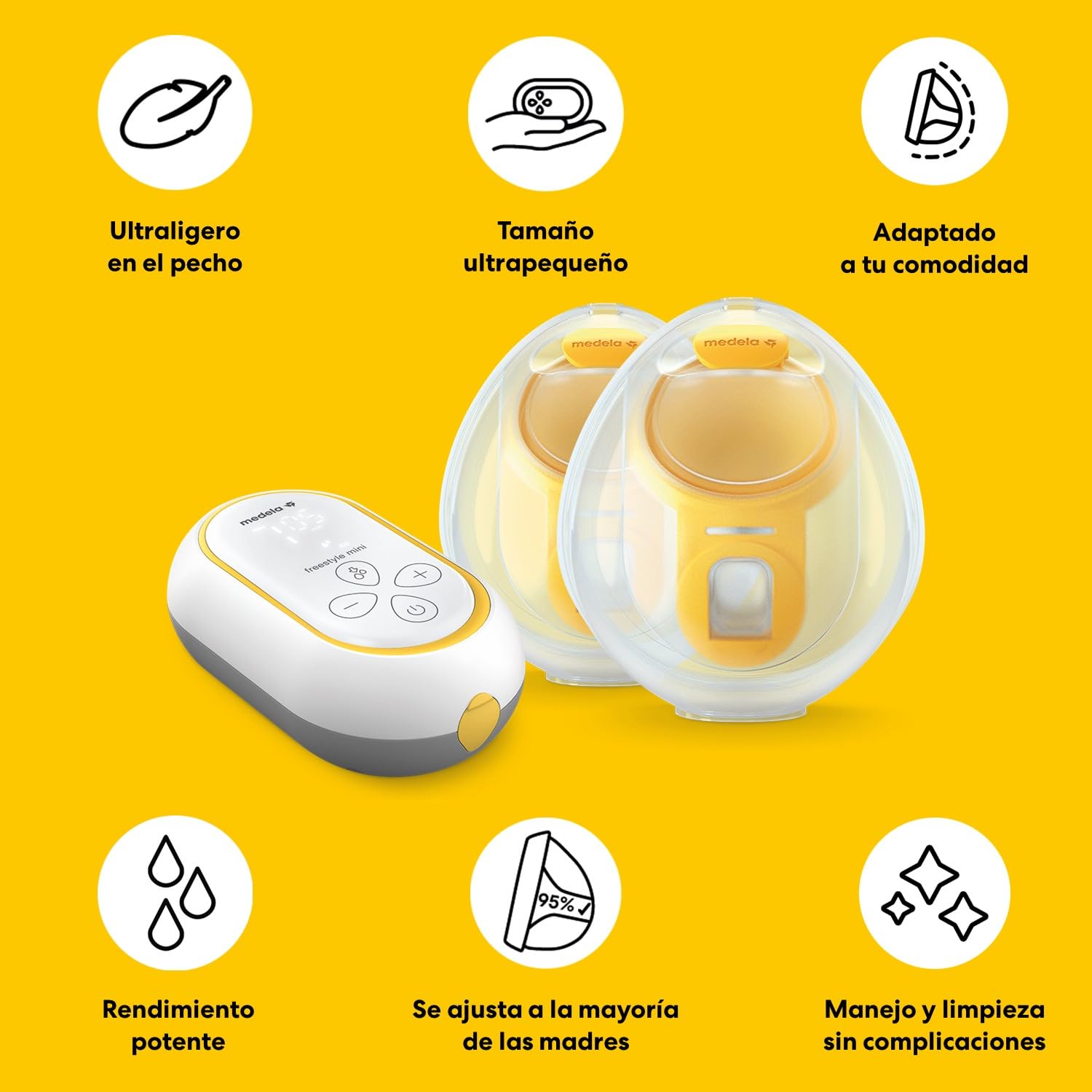 Medela Freestyle Mini Hands-Free eléctrico doble con copas de recogida Hands-Free y batería recargable de Medela.