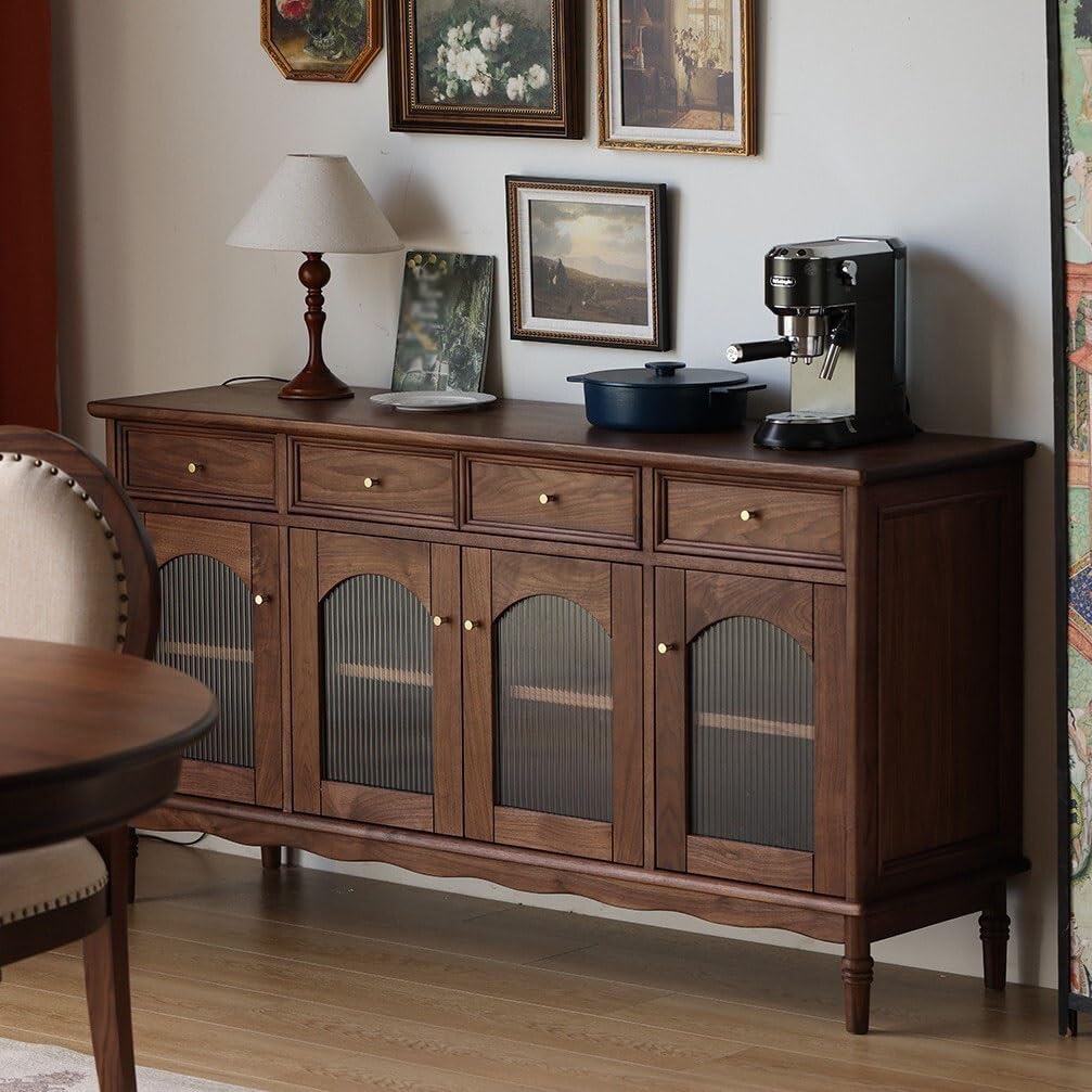 Gabinete De Barra De Café Vitrina de Cristal Simple Estilo Retro en Nogal Negro, Mueble Decorativo Moderno Ideal for Sala Estar, Entrada y Comedor Gabinete Buffet con Almacenamiento