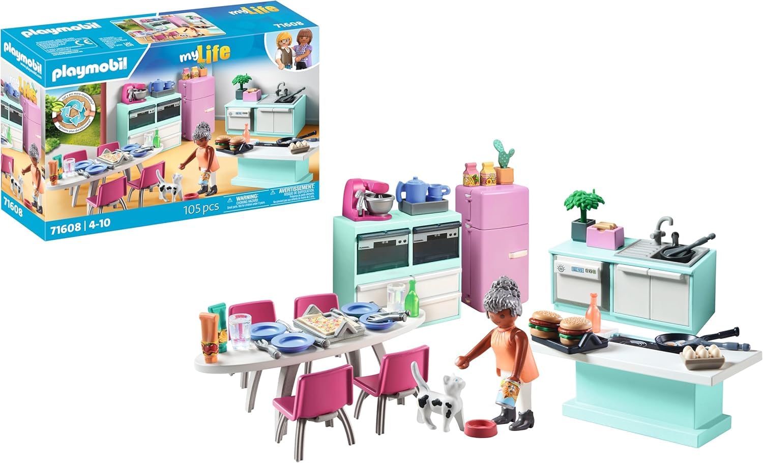 PLAYMOBIL MyLife 71608 Küche mit Essplatz, vollausgestattete Küche für detailgetreues Nachspielen, zu über 80 % aus recycelten und biobasierten Materialien, kreatives Spielzeug für Kinder ab 4 Jahren