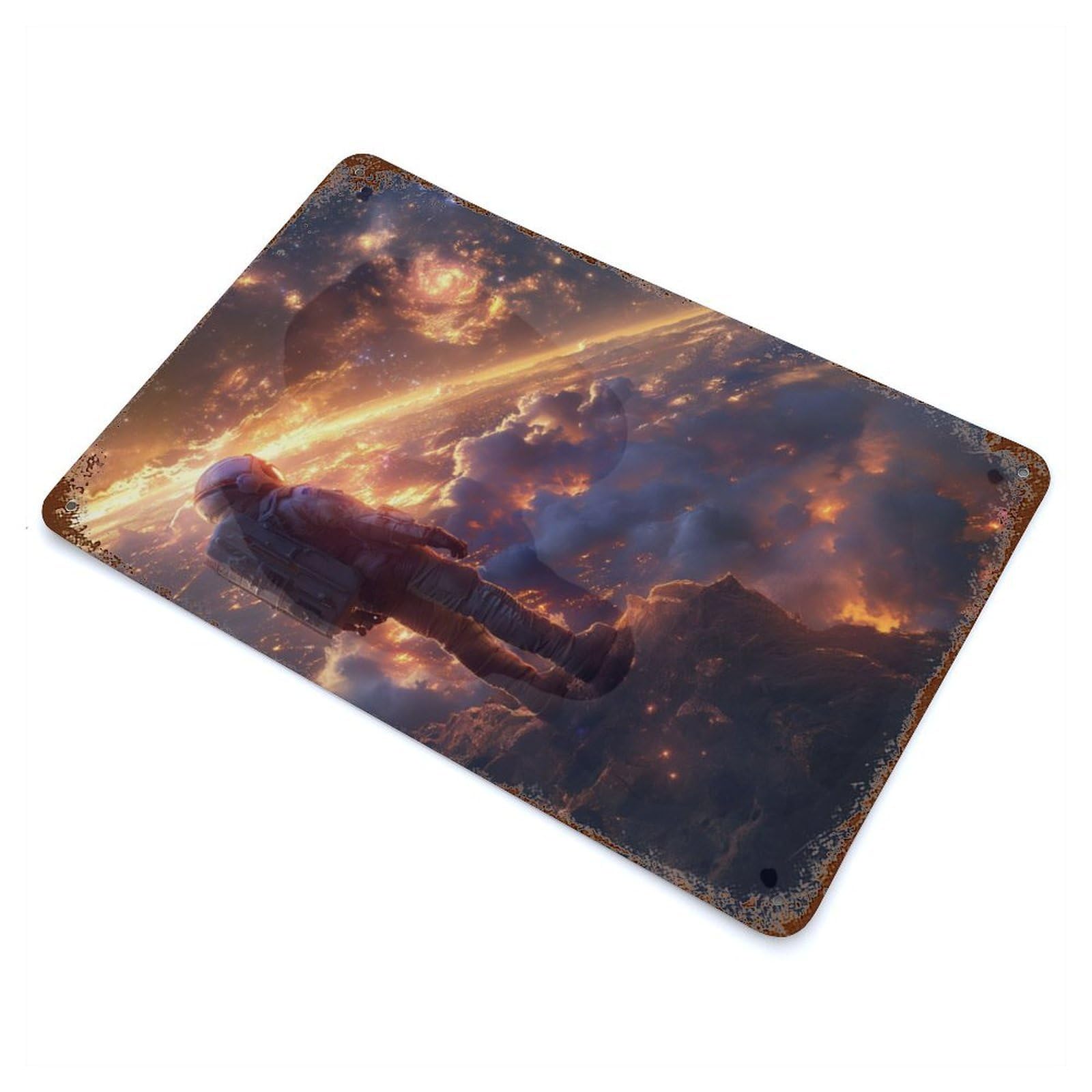 Retro Metal Sign with Astronaut Cosmic Sunset Design 11.8"x7.9", for Living Room, Hallway And Home Decor, Farmhouse Wall Decor