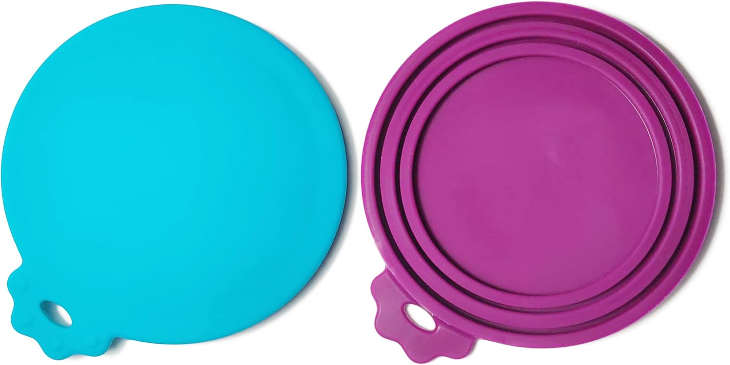 Dog and Cat Food Can Lids (2 Pack) by Apawlo, Silicone Lid Covers for Pet Food and Canned Goods Storage, Plum and Aqua, Can Topper, Universal Fit for 3 Standard Sizes, BPA Free and Dishwasher Safe