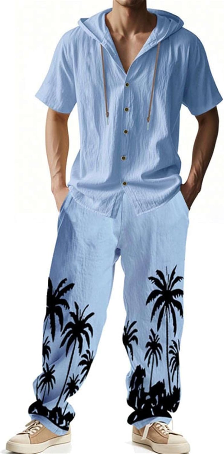 Mens Linen Set 2 Piece Outfits Beach Wedding Cruise Wear Lightweight Breathable Short Sleeve Shirt & Pants Sets