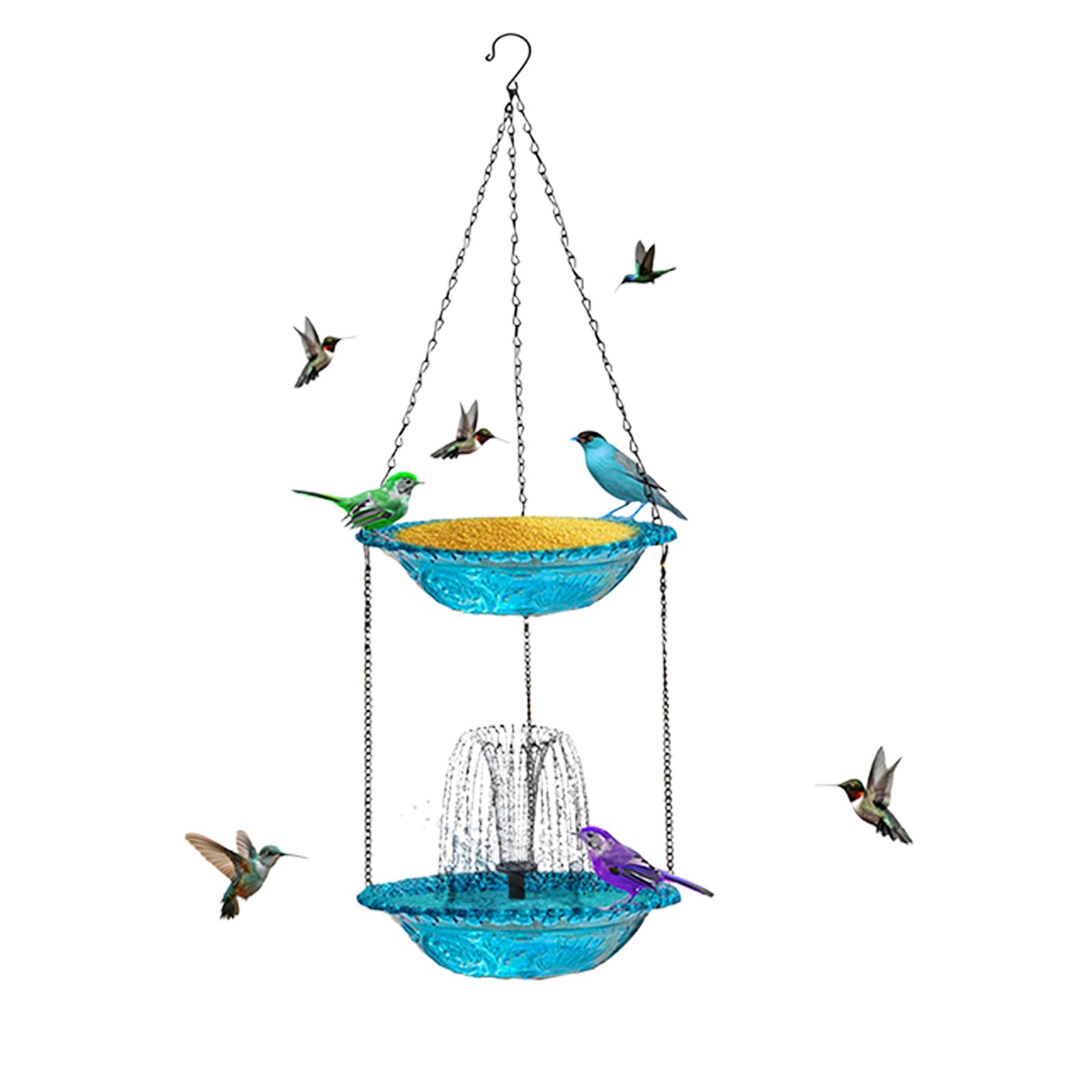 Hanging Solars Fountains Bird Feeder and Water Bath for Outdoor Gardens Double Layer Metal Construction Fountains Bird Feeder and Water Bath for Outdoor Gardens