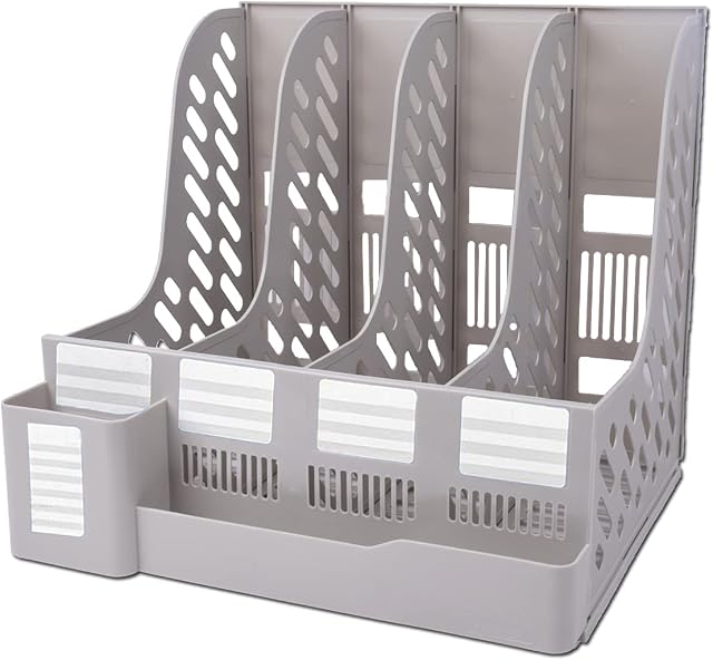 SAYEEC Desktop File Magazine Folder Holder 4 Section Plastic Hollow Documents Organizer File Dividers Cabinet Shelf Frames Rack Display and Storage (Grey)