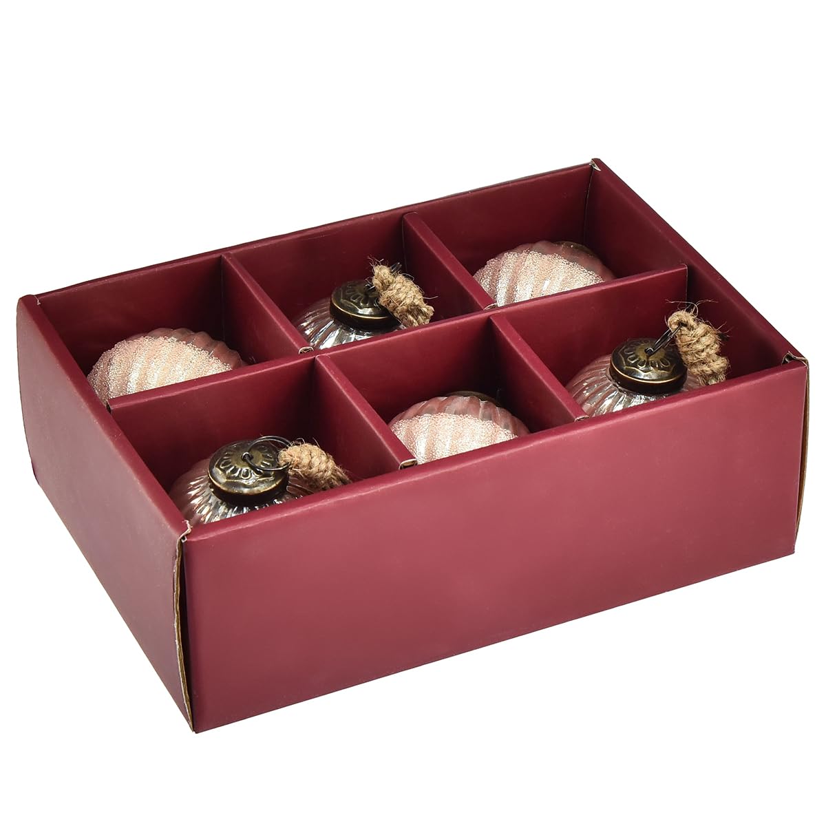 Viana Rosa Vintage Weihnachtskugeln Ø7cm – 6er Set aus Glas mit silbernem Schimmer und Jutekordel – Exklusiver Christbaumschmuck