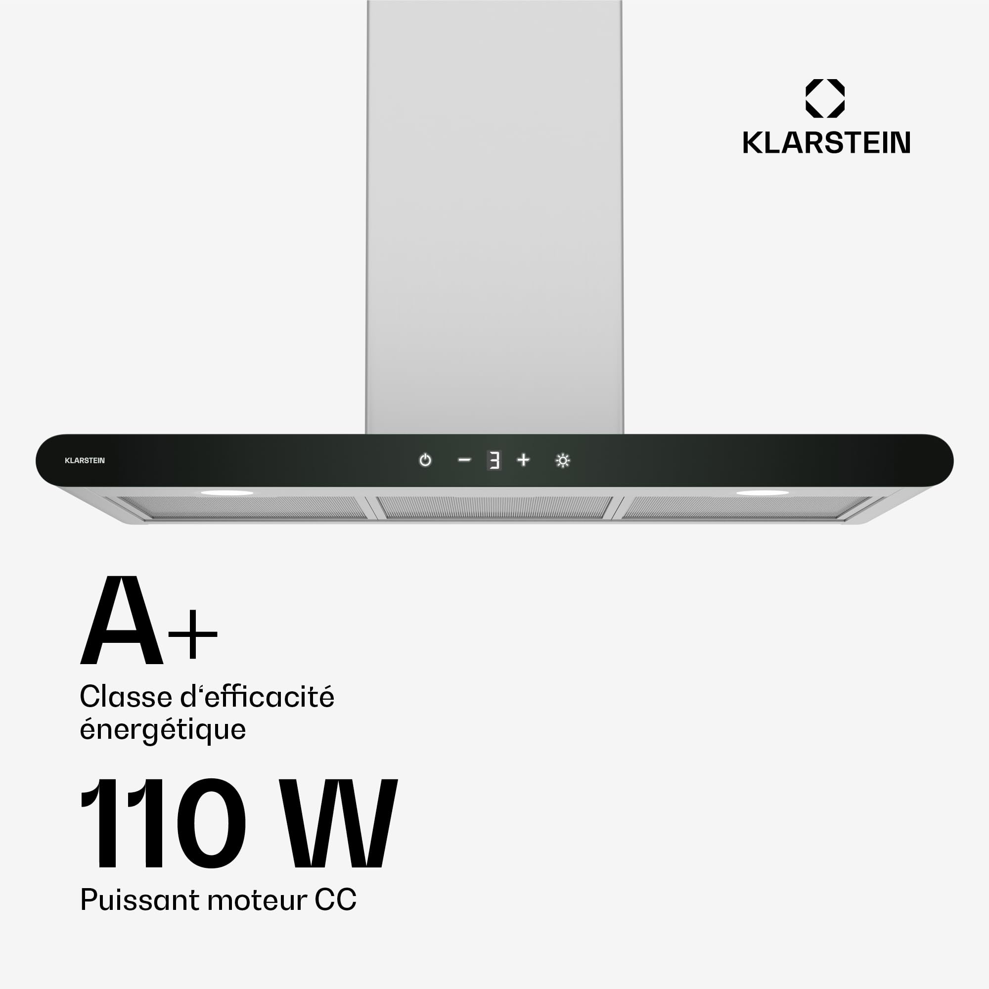 Klarstein CurveVent Hotte Murale - 90cm Hotte Aspirante, 676 m³/h, Éclairage LED, Tactile, A+ Énergie, Silencieuse 56 dB, Filtre à Charbon, Noir