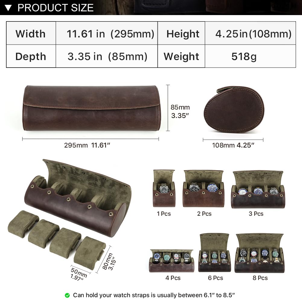 Hiram Estuche enrollable de piel auténtica, caja de almacenamiento para 4 relojes, funda de viaje con cojín extraíble, organizador protector portátil