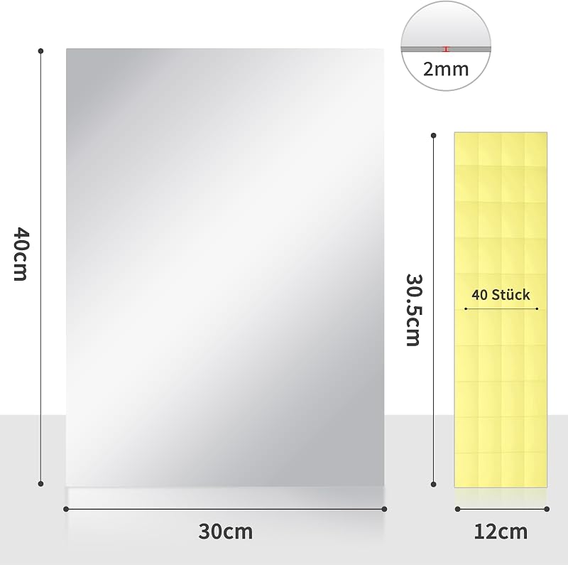 Taiyeestar Öntapadós Tükörlap Szett 3 db - 40x30 cm Rugalmas Akril Tükörfólia Falra, Fürdőszobába, Ajtóra és Szekrényre