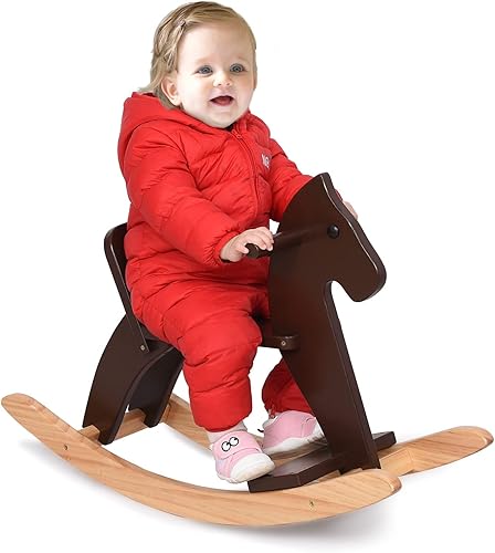 Miniatura 10 de Caballo mecedor de madera para bebé, juguete para niños pequeños, diseño clásico con pedal y respaldo seguro para niños pequeños (azul)