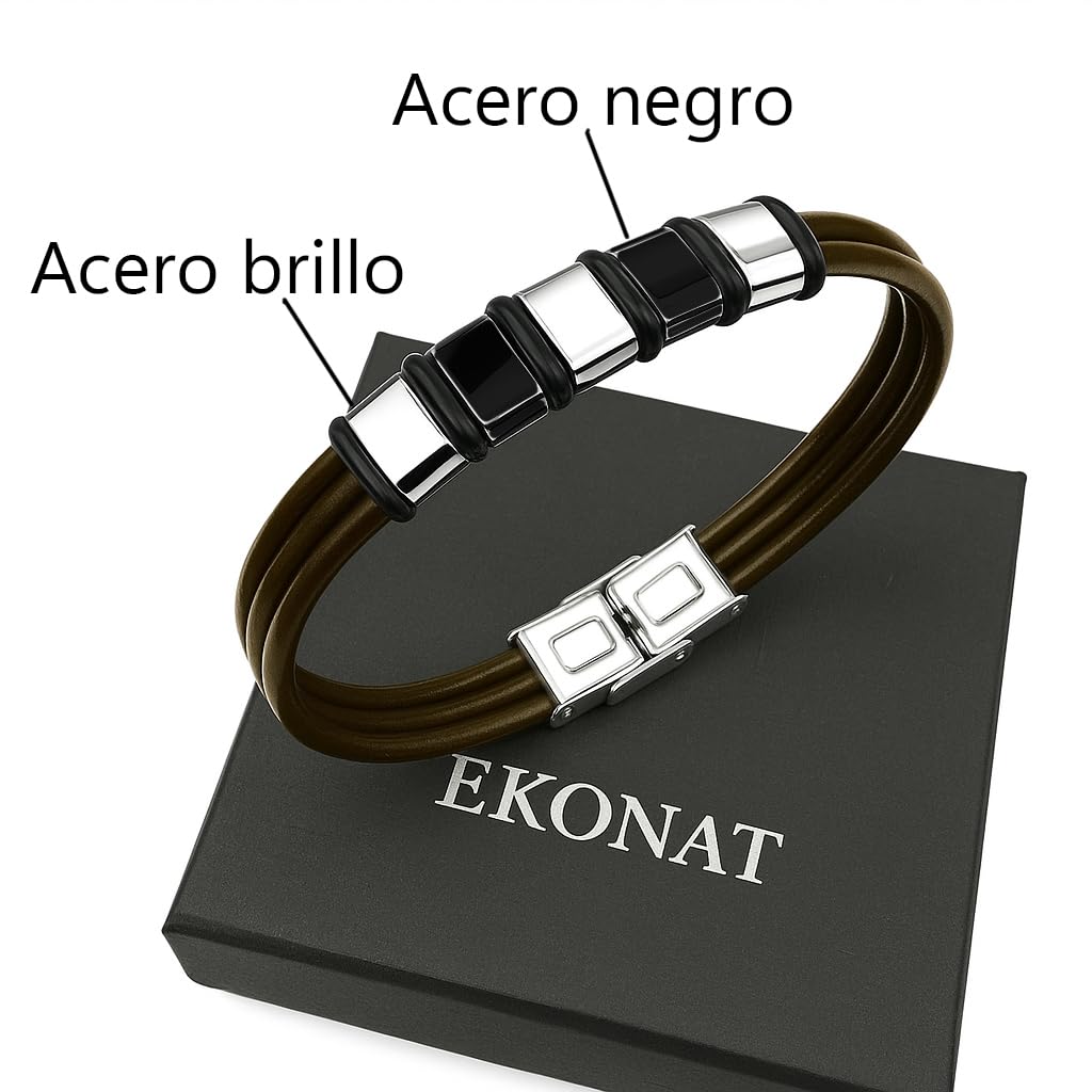 Ekonat- Pulsera hombre personalizada - Pulsera cuero hombre Personalizadas- Pulsera hombre acero inoxidable personalizada ajustable. CUERO DURADERO DE CALIDAD