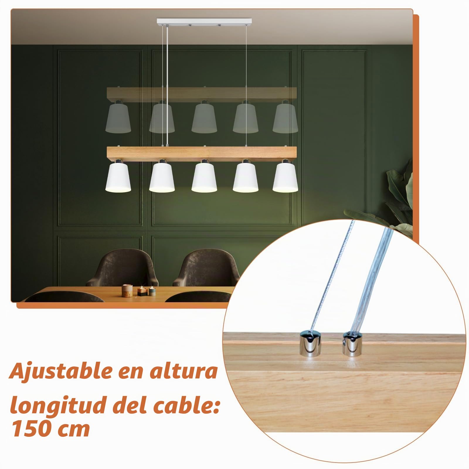 ZMH Lámpara colgante de madera con 5 luces para comedor | Estructura de metal y madera con altura ajustable incluye 5 bombillas de luz blanca cálida para salón o cafetería