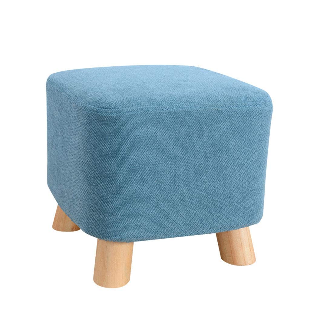 Pouf rembourré rond bleu lac avec 4 pieds en bois stable