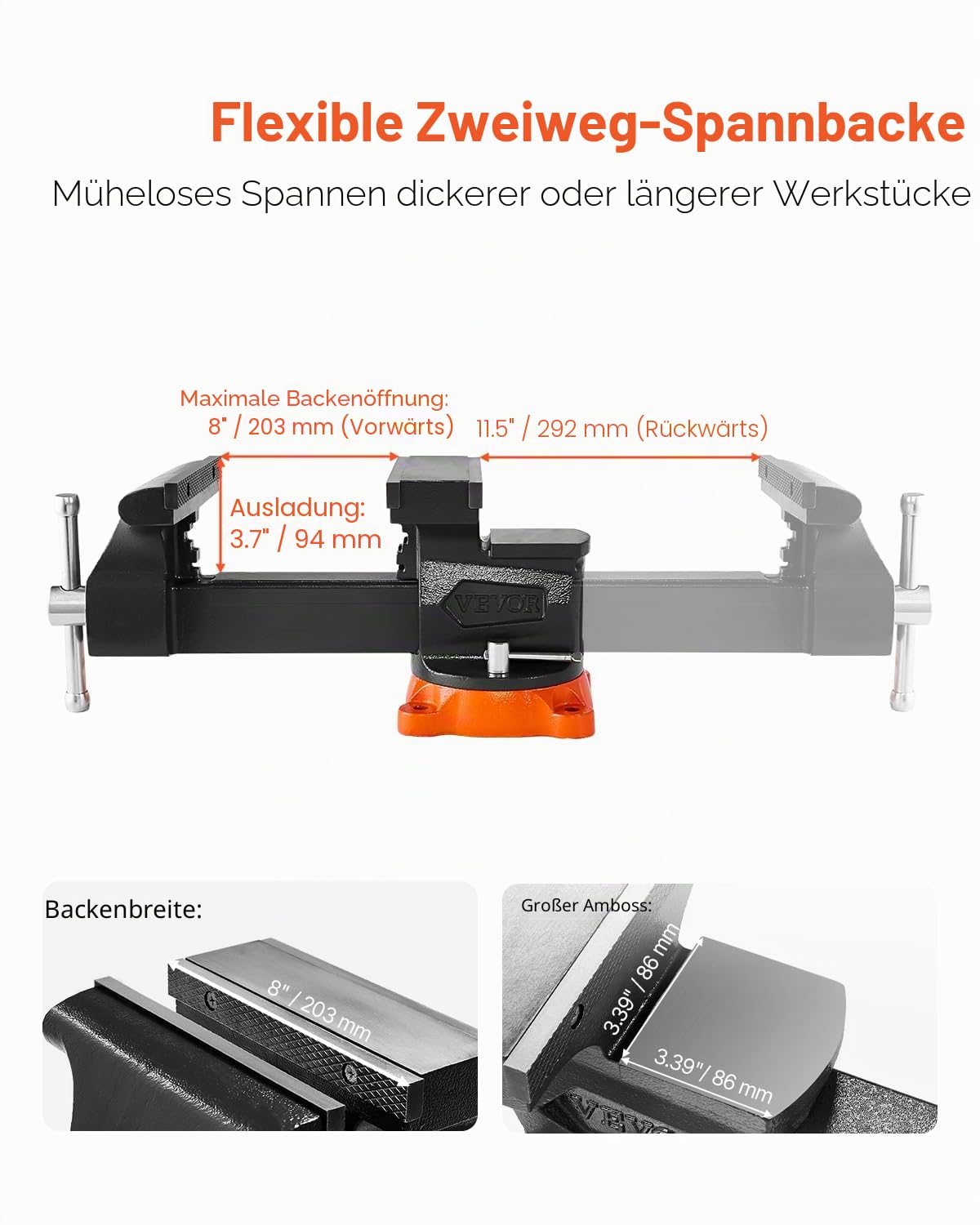 VEVOR Schraubstock, 203 mm Backenbreite, 203 mm max. Backenöffnung, 360° schwenkbare Feststellbasis, 94 mm Ausladung, Werkbank-Schraubstock aus Sphäroguss, Zweiwege-Backen zum Einspannen runder Rohre