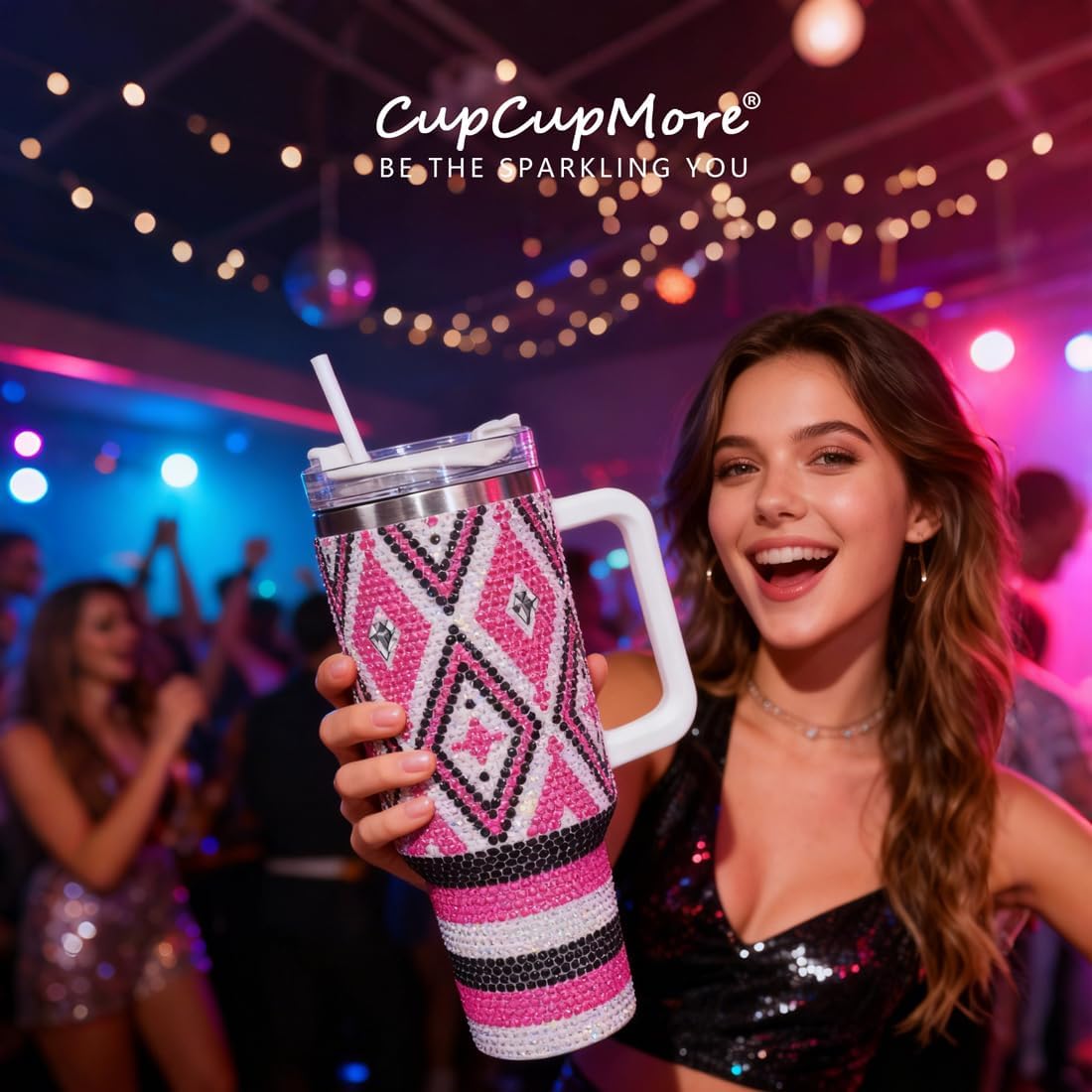 40 oz Pink Diamond Bling Rhinestone Stainless Steel Sippy Tumbler Glitter Vacuum Insulated Water Bottle with Straw & Lid &Handle,Sparkle Car Cup Holder,Keeps Cold 12 Hours Drinks,Coffee - Image 2