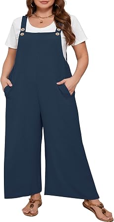 AusLook Plus Size Womens Adjustable Straps Jumpsuits Casual Loose Wide Leg Overalls with Pockets