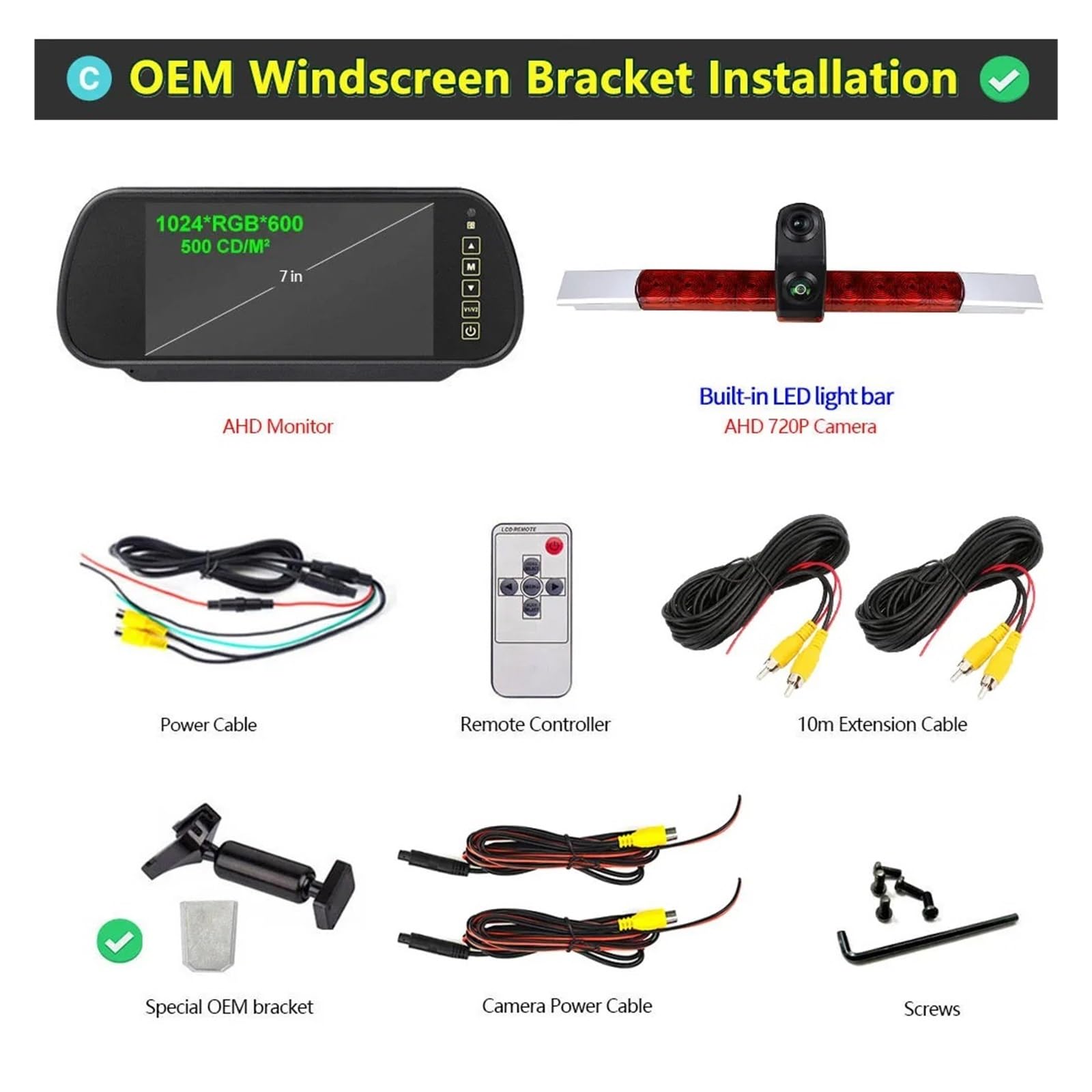 Cámara Aparcamiento Cámara Marcha Atrás con Luz Freno Doble Lente para Todos Los Automóviles Planos con para 2DA 343 106-201 con Monitor De Espejo De 7" Camara Marcha Atras(Mount Kit)