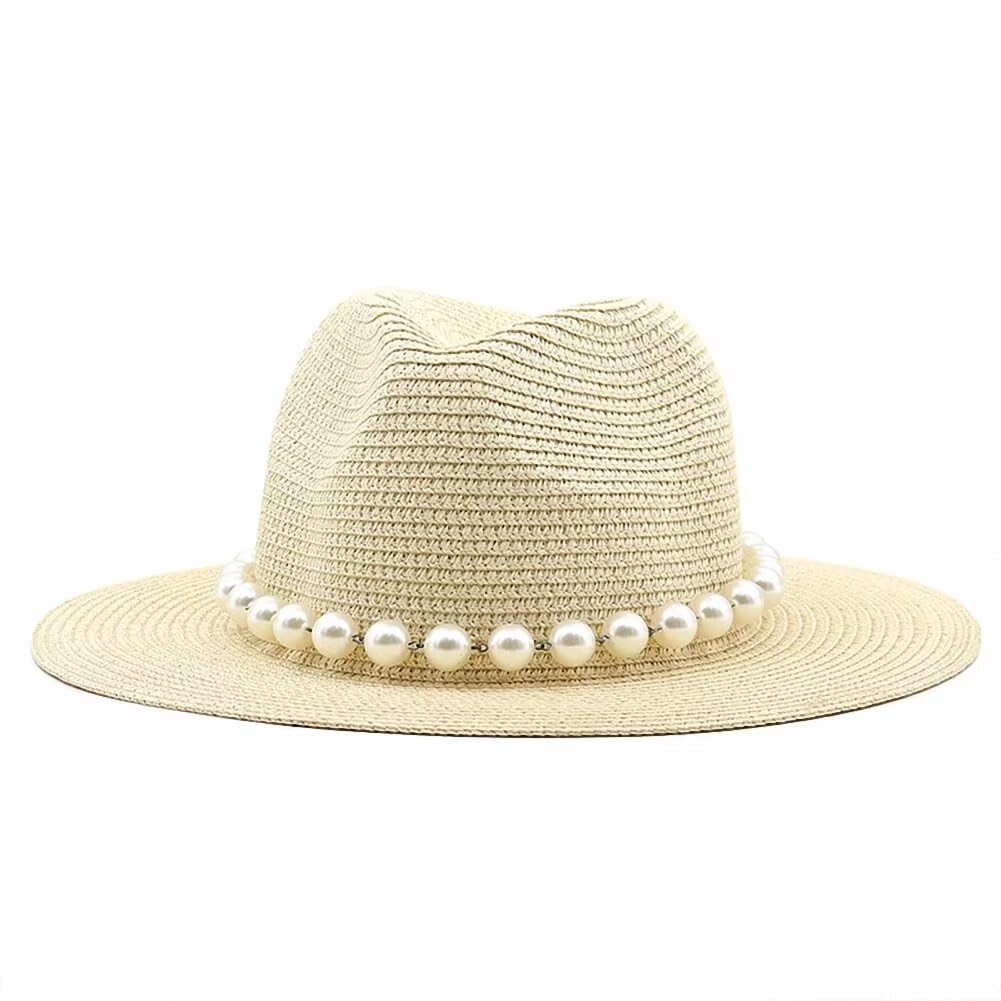 Plancholo Women's Yellow Fedora Panama Hat With Faux Pearl For Wide Brim Straw Hat Beach Cap