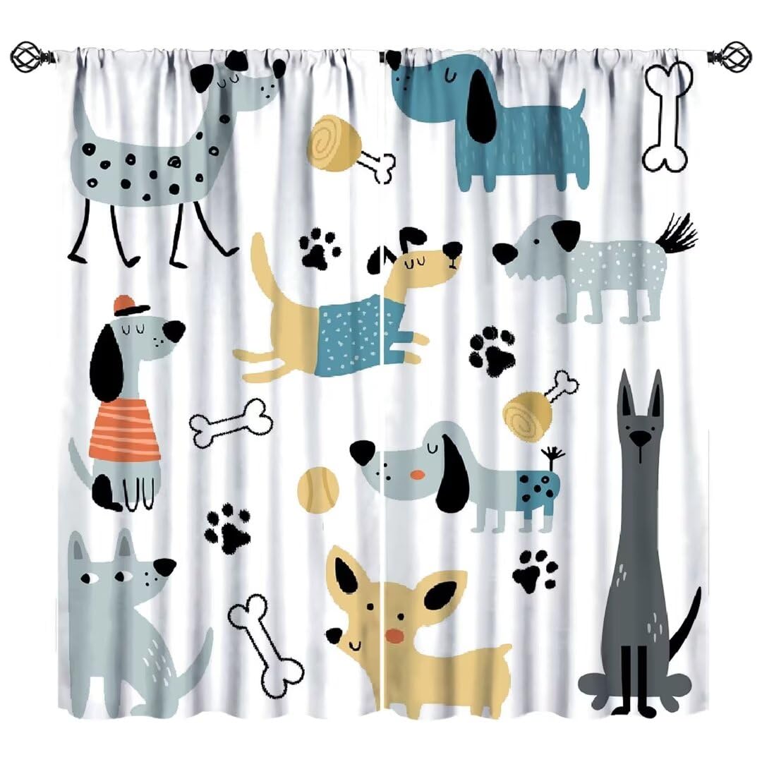 JanJCurt Cute Dogs Curtains, Funny Cartoon Animal Paw Bones Print Window Drapes Childish Puppy Pets Window Treatments for Kids Girl Boy Bathroom