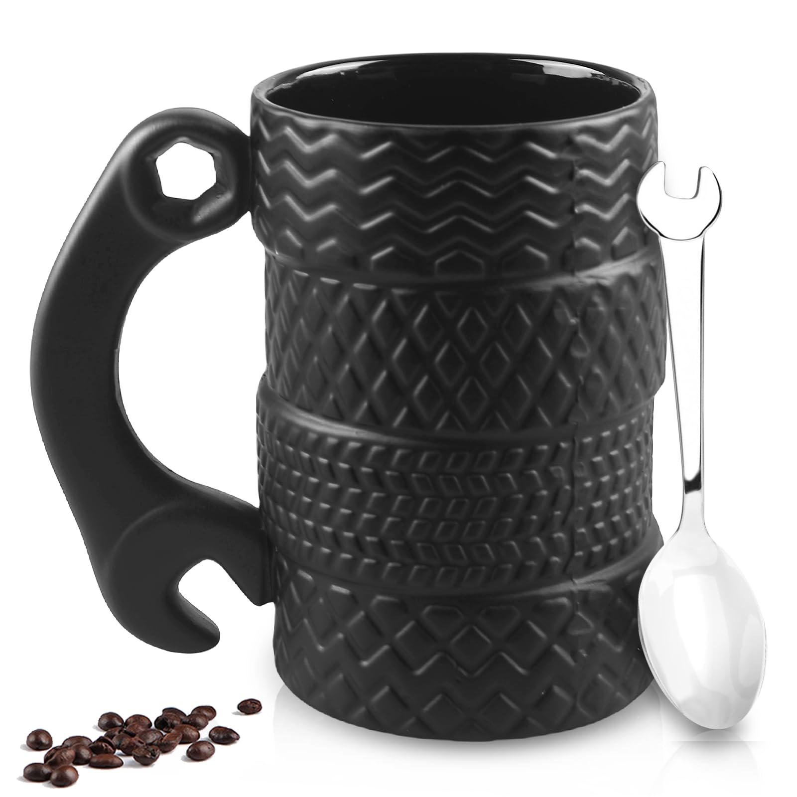 Tasse Café Pneu 3D Avec Cuillère Clé - 450ml Céramique Noire Cadeau Homme Voiture