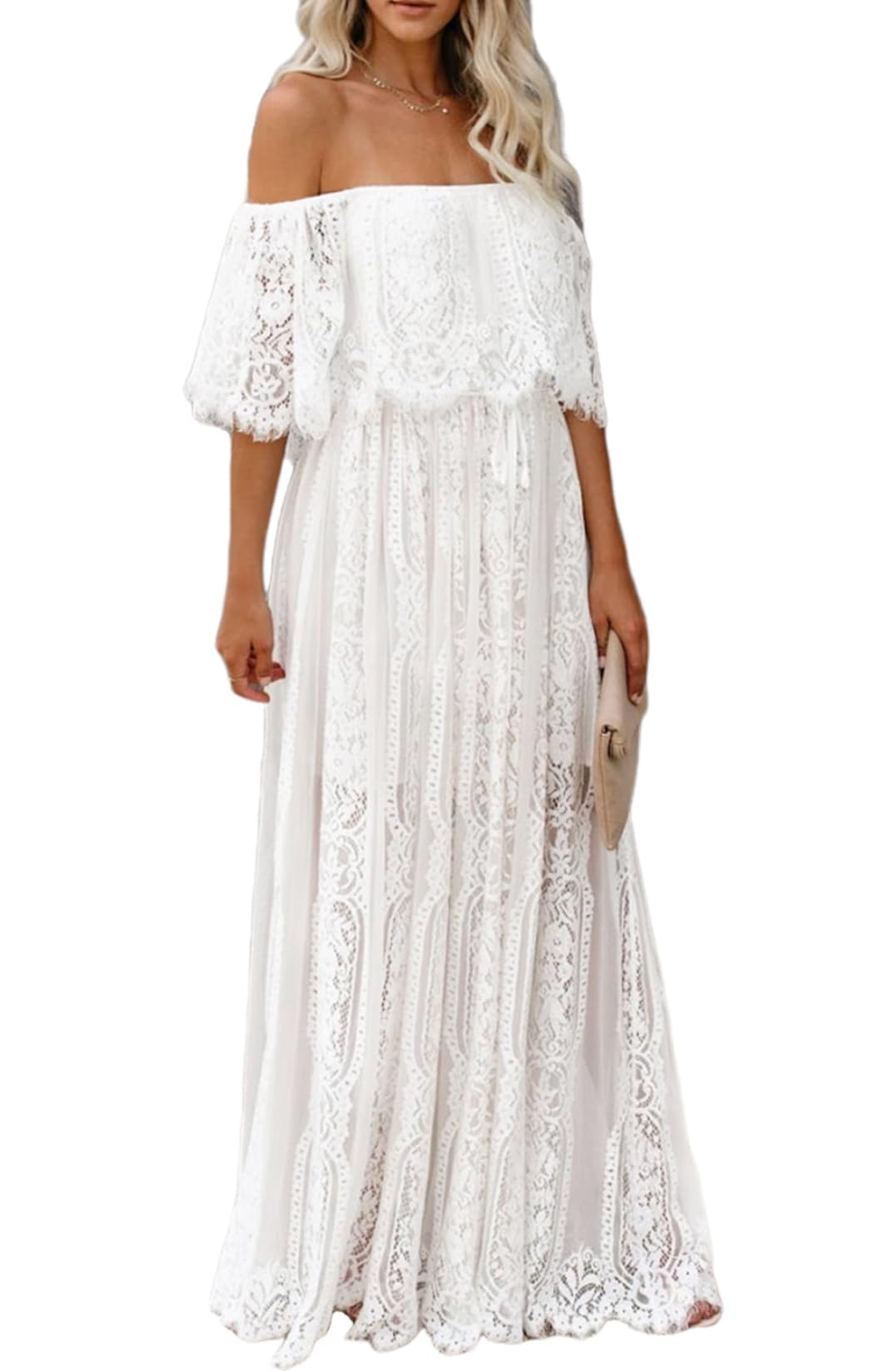 MERMAID'S CLOSET Schulterfreies Maxikleid für Damen, Blumenspitze, Boho, fließend, für Hochzeit, Gast, formelle Party, lange Kleider für Frühling