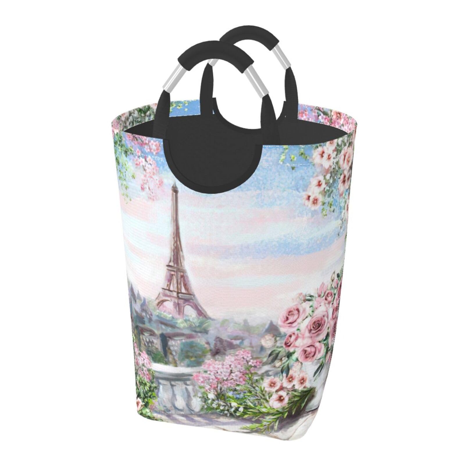 Panier à linge pliable 50L gain de place tissu Oxford motif Tour Eiffel Paris fleurs