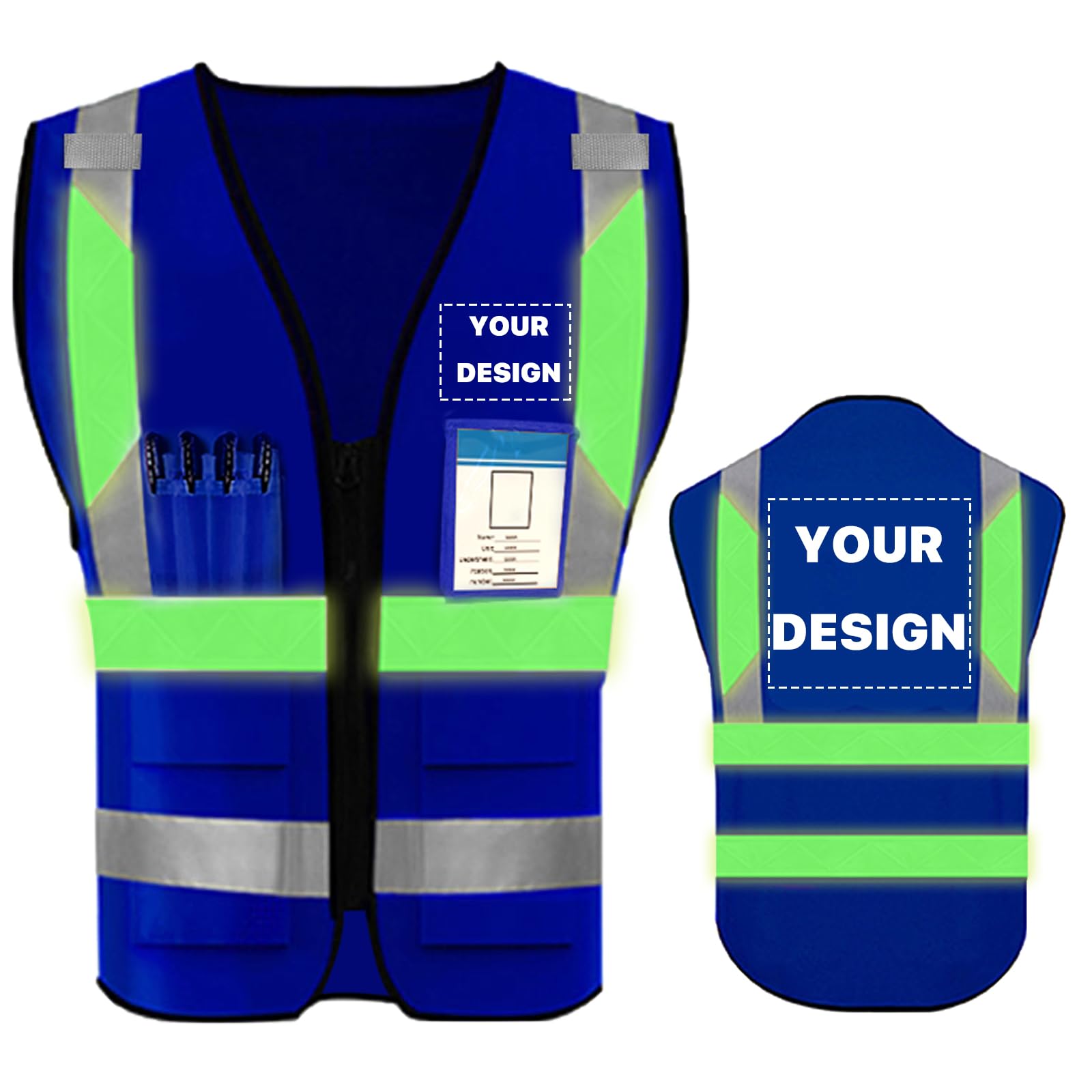 YOWESHOP High Reflective Visibility Safety Vest Custom Your Logo Safety Workwear with Reflective Strips and Pockets?Luminous Darkblue 2XL