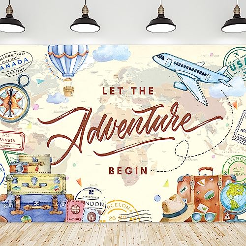 Riyidecor Let The Adventure Begin Backdrop World Map Adventure Awaits Decorations Airplane 7Wx5H Feet Travel Hot Air Balloon Photography Background Graduation Birthday Baby Shower Photo Shoot Fabric