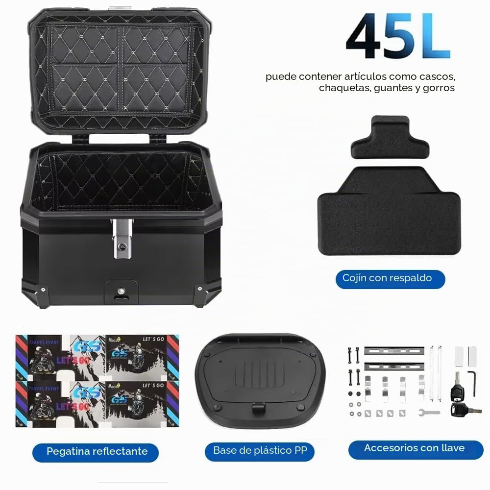 Maletero para Moto, Cierre Universal de Aluminio, con Candado de Seguridad, Impermeable, Maleta de Viaje para Almacenar Casco y Otros Equipos de Equitación (45L)