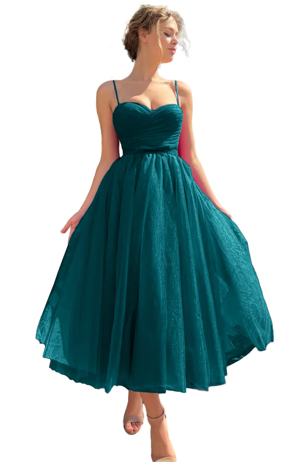Sevintage Spaghetti Straps Tulle Prom Dress Tea Length Formal Party Evening Dress with Pockets