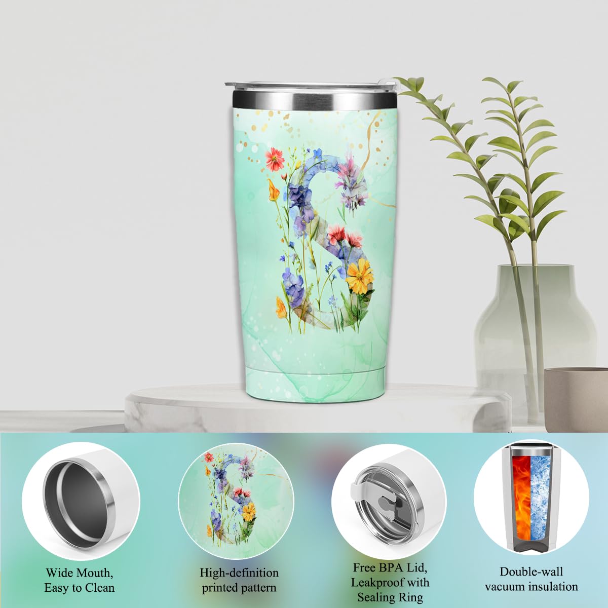 Personalized Gifts for Women Monogrammed Birthday Gifts for Women, Wife Girlfriend Christmas, Initial 20 oz Tumbler, Makeup Cosmetic Bag Cup Pens Journal Notebook 6 Set, (Aesthetic Green Flower S)