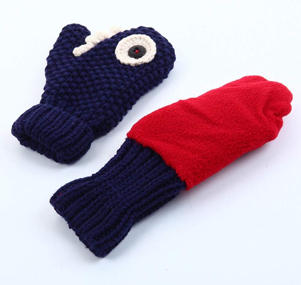 Child Cartoon Gloves Autumn And Winter Outdoor Plus Thick Keep Warm Male Girl Dark Blue Full Finger Gloves, 2 Sizes