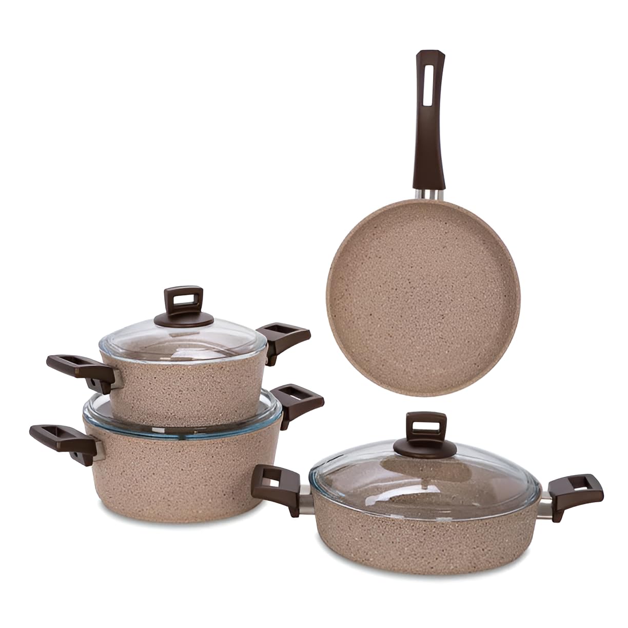 Cookware Set 7 pieces - Pots and Pans set Granite Non Stick Coating 100% | PFOA FREE, Base Cooking Set Pots and Pan | Casserole, Shallow Pot, Frypan with Bakelite Handles | Tempered Glass Lid. - Beige