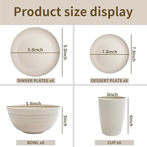 Miniatura 3 de VIVAHEARTH Juego de vajilla de paja de trigo para 4, juego de platos de 16 piezas, platos irrompibles, cuencos, tazas para cocina, fiestas, camping,