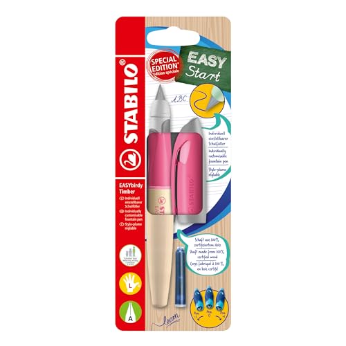 STABILO Ergonomic School Fountain Pen EASYbirdy Timber, A-Nib (Beginner), Left-Handed, Pack of 1