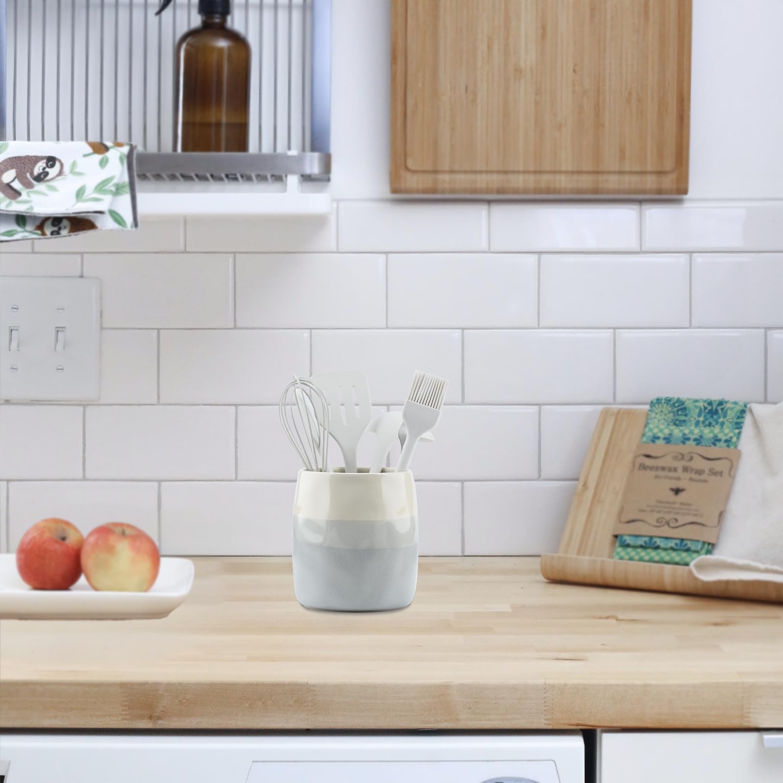 SZUAH Portautensili Da Cucina In Ceramica Smaltata – Effetto Ghiaccio – Colore Crema – 14,7 X 12,7 Cm